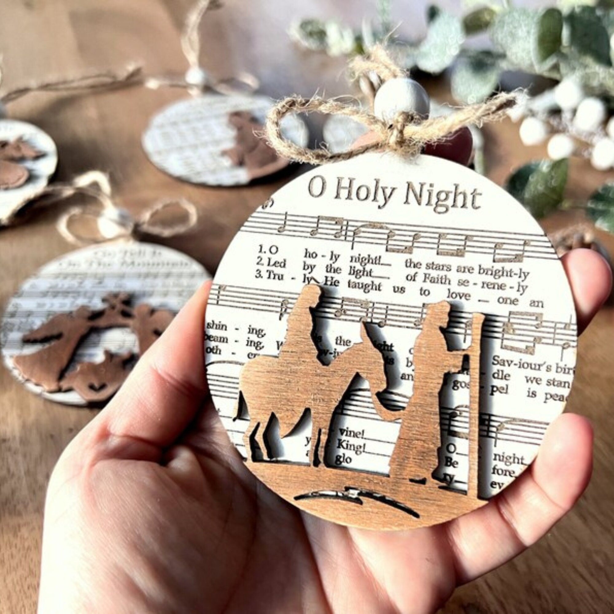 3D Engraved Handmade Music Sheet Nativity Christmas Ornaments, Wooden Christmas Ornaments, Nativity Set, Nativity Scene