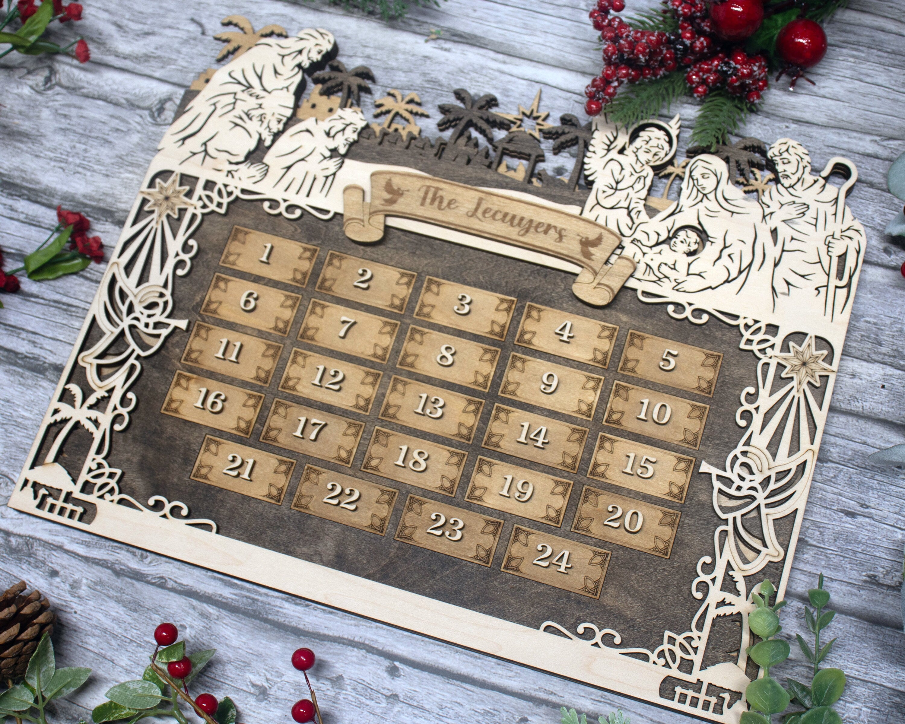 Personalized Nativity Scene Christmas Advent Calendar For Kids and Adults, Christian Advent Calendar, Handmade Farmhouse Christmas Decor