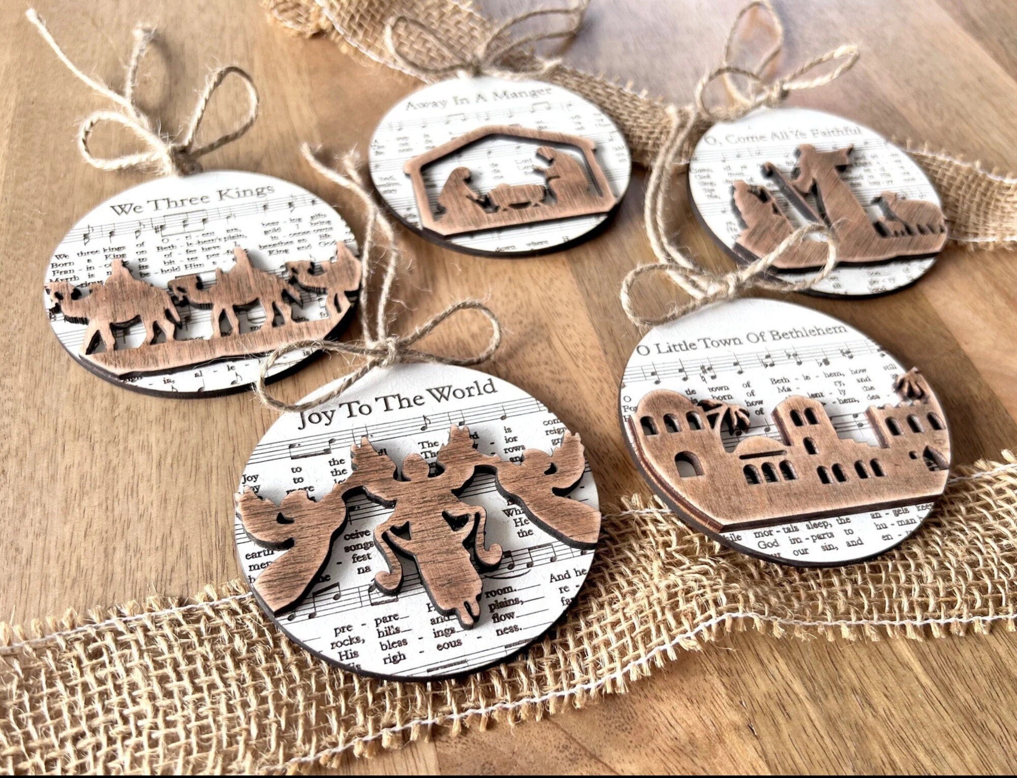 3D Engraved Handmade Music Sheet Nativity Christmas Ornaments Wooden Christmas Ornaments Nativity Set Nativity Scene