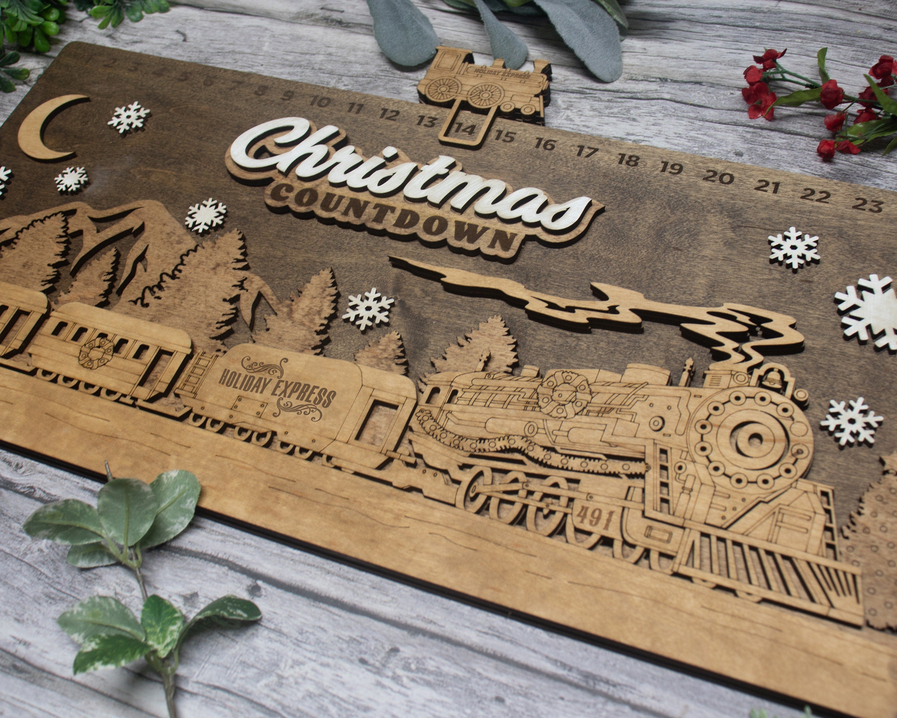 Countdown To Christmas Train Advent Calendar W/Icon , Christmas Advent Calendar For Kids and Adults, Handmade Farmhouse Christmas Decor
