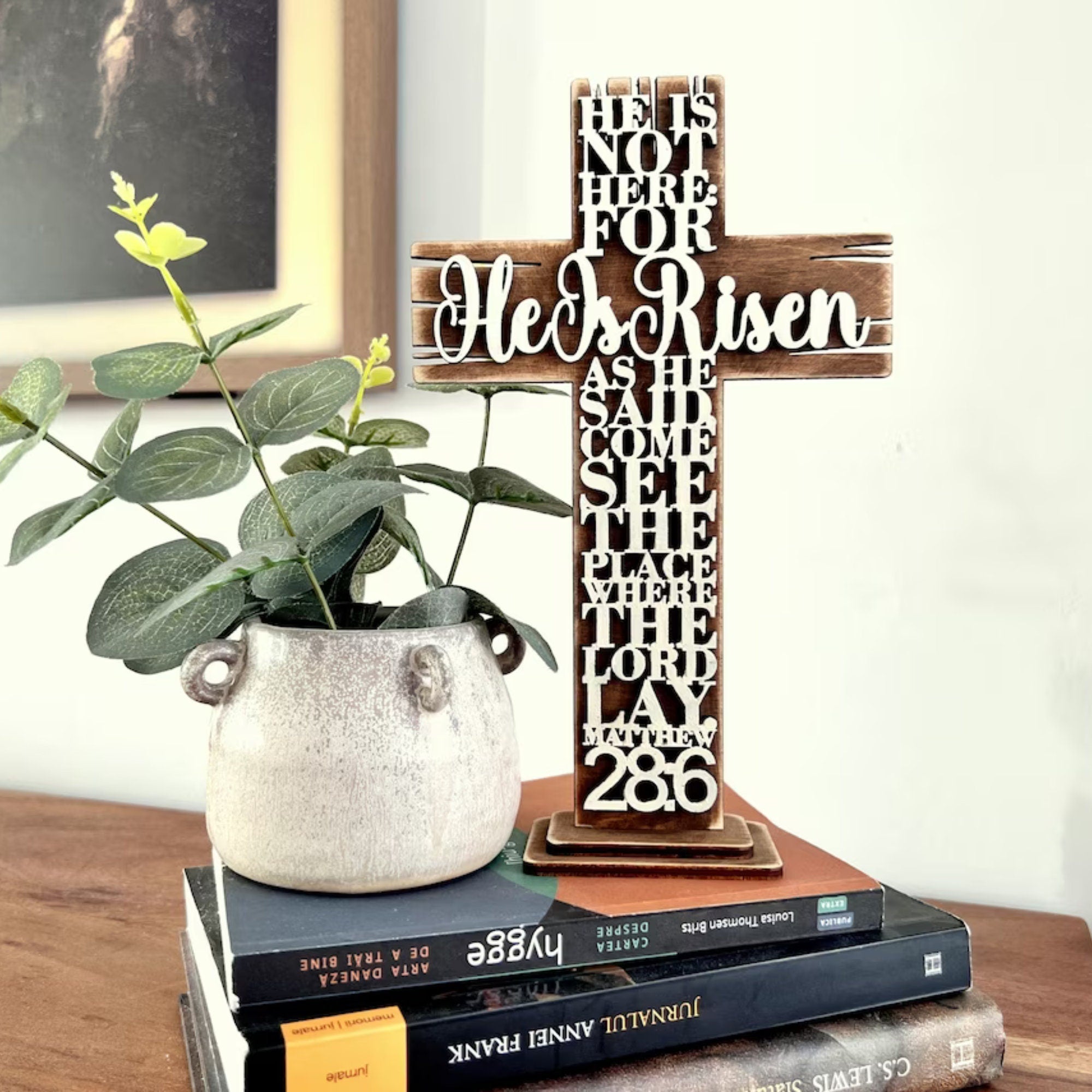 He Is Risen 3D Shelf Sitter Handmade Easter Holiday Decor, Wooden Farmhouse Decor, Cross Christian Gifts, Matthew Bible Verse