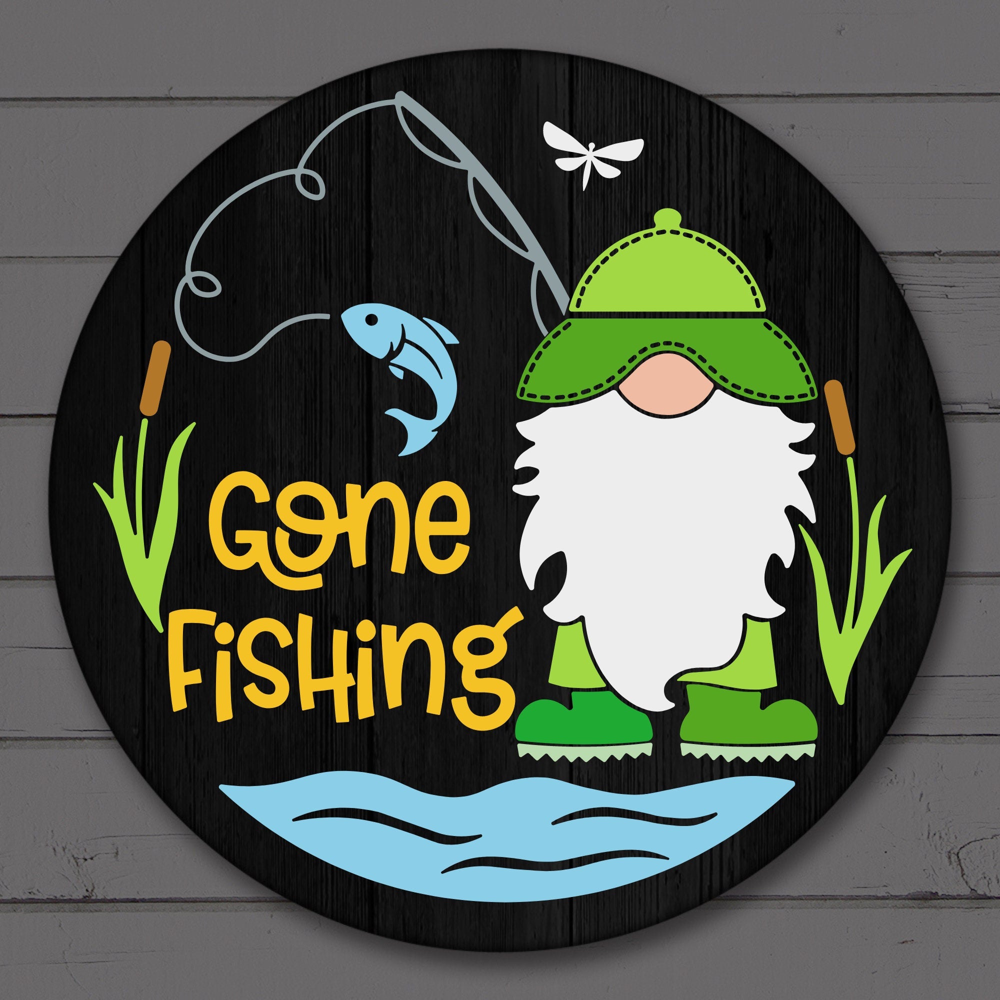 3D Laser Engraved Gone Fishing Gnome Front Door Decor, Gnome Welcome Door Hanger, Summer and Fall Door Hanger