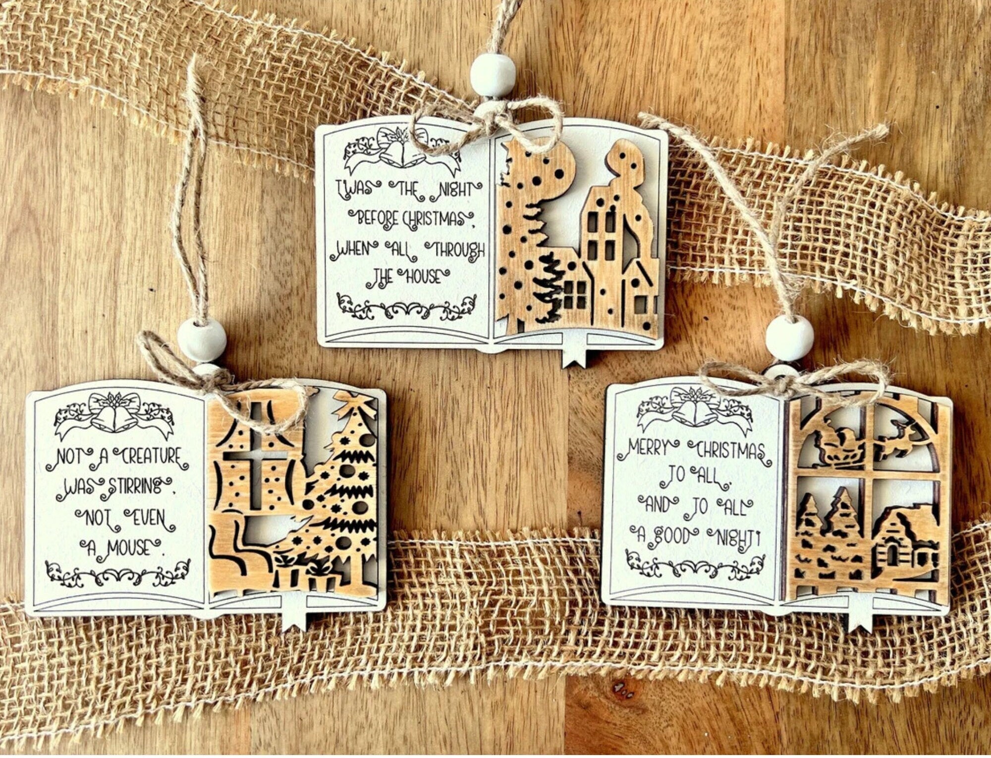 Set of 3 Twas The Night Before Christmas Wooden Handmade Christmas Ornaments, Custom Christmas Tree Ornament, Vintage Family Christmas