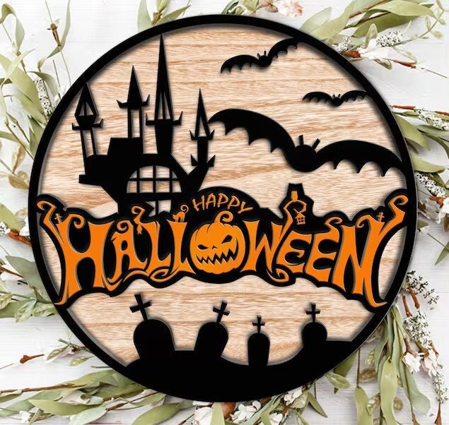3D Laser Engraved Happy Halloween Front Door Decor, Fall Decor for Front Porch Sign, Patio Decor, Seasonal Holiday Decor