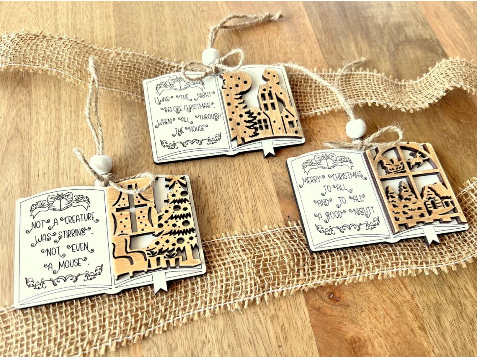 Set of 3 Twas The Night Before Christmas Wooden Handmade Christmas Ornaments, Custom Christmas Tree Ornament, Vintage Family Christmas