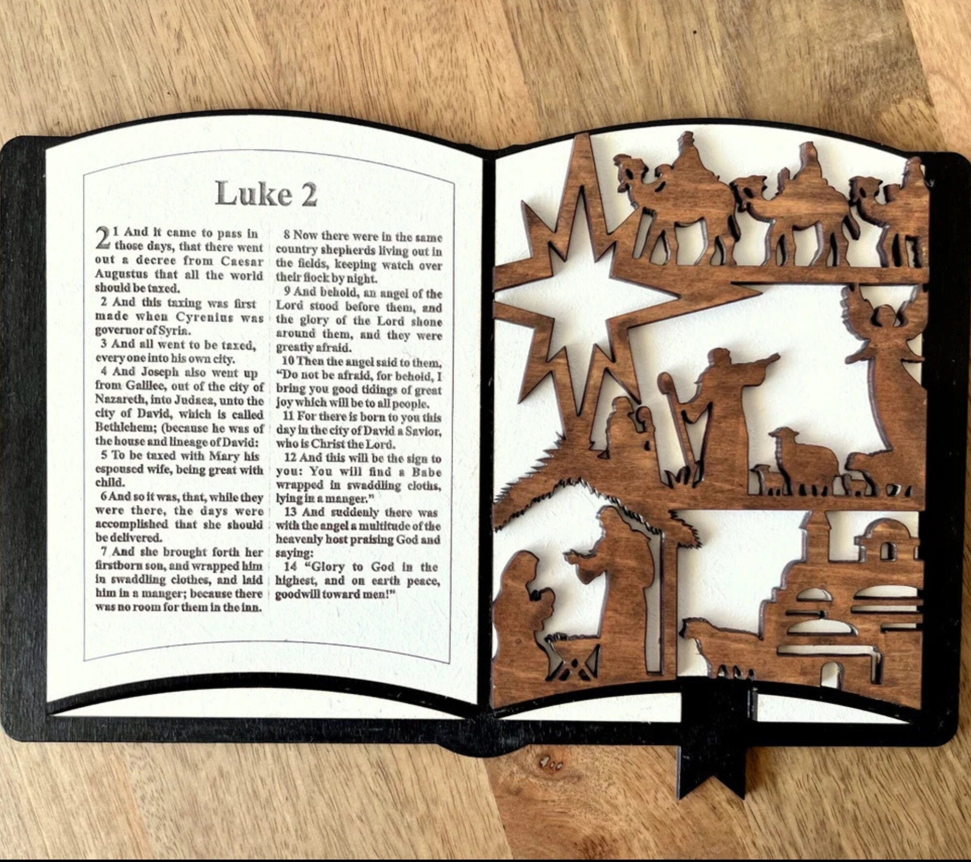 3D Wooden Handmade Nativity Scene Shelf Sitter Book Display, Decorative Christmas Book, Handmade Home Decor with Display Stand