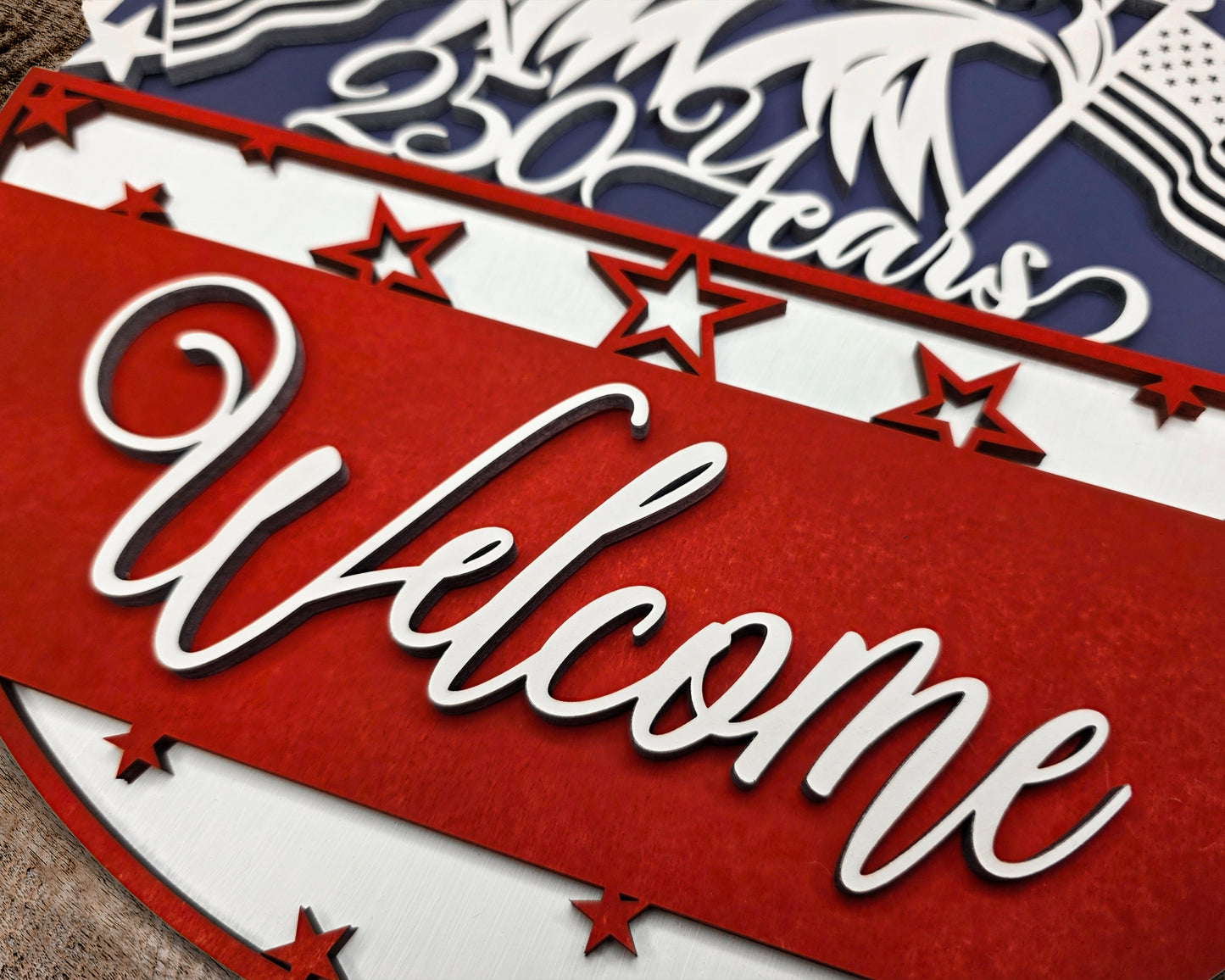 Patriotic Welcome Door Sign – 17" Handcrafted Layered Wood | American Eagle & Flag