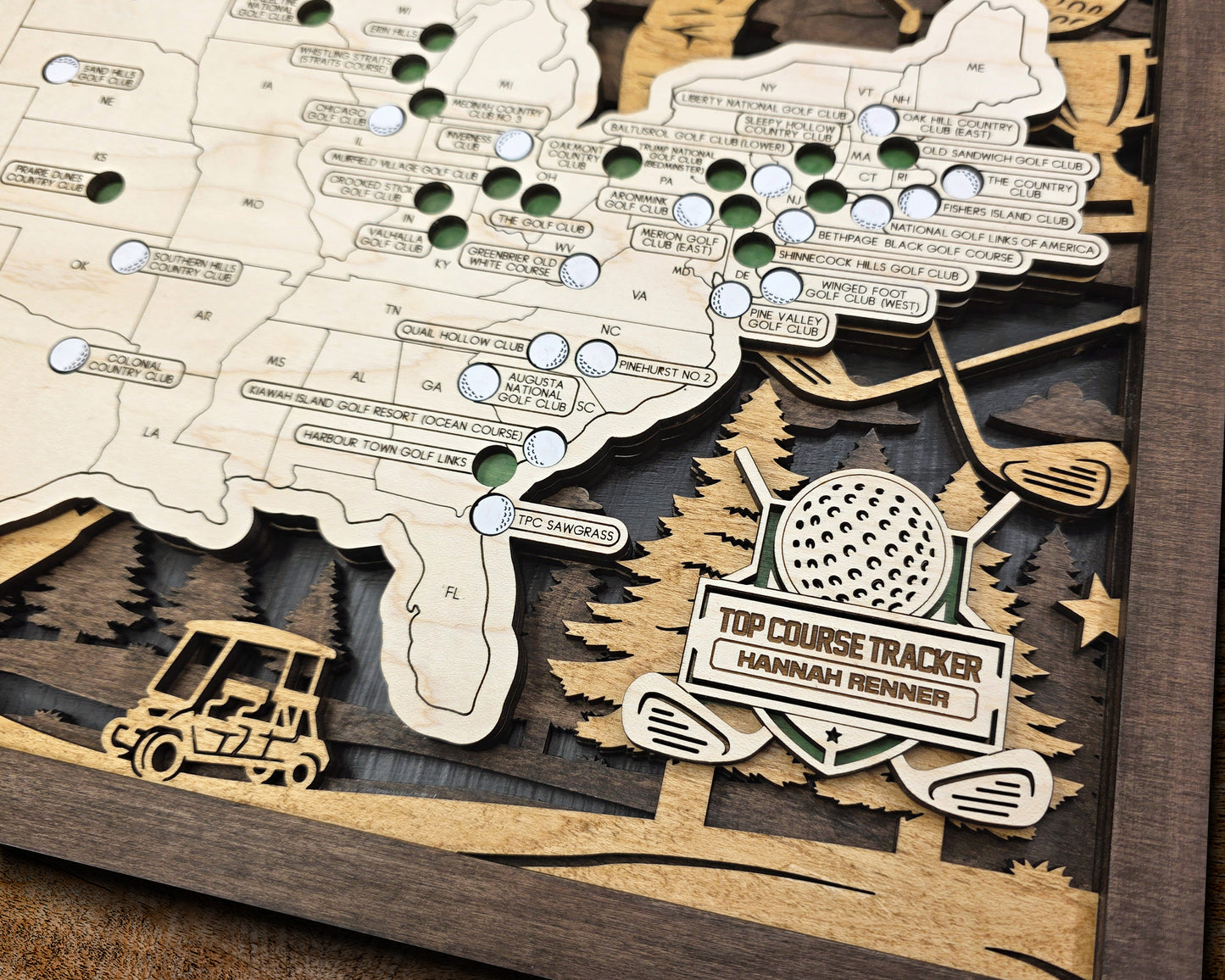 Personalized Wooden Golf Course Tracker Map – USA Top Courses