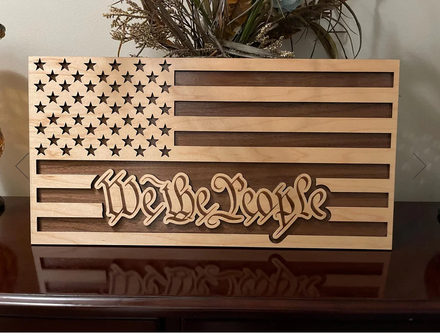 We The People Laser Engraved American Flag | 12x19 Handcrafted Wood Wall Art