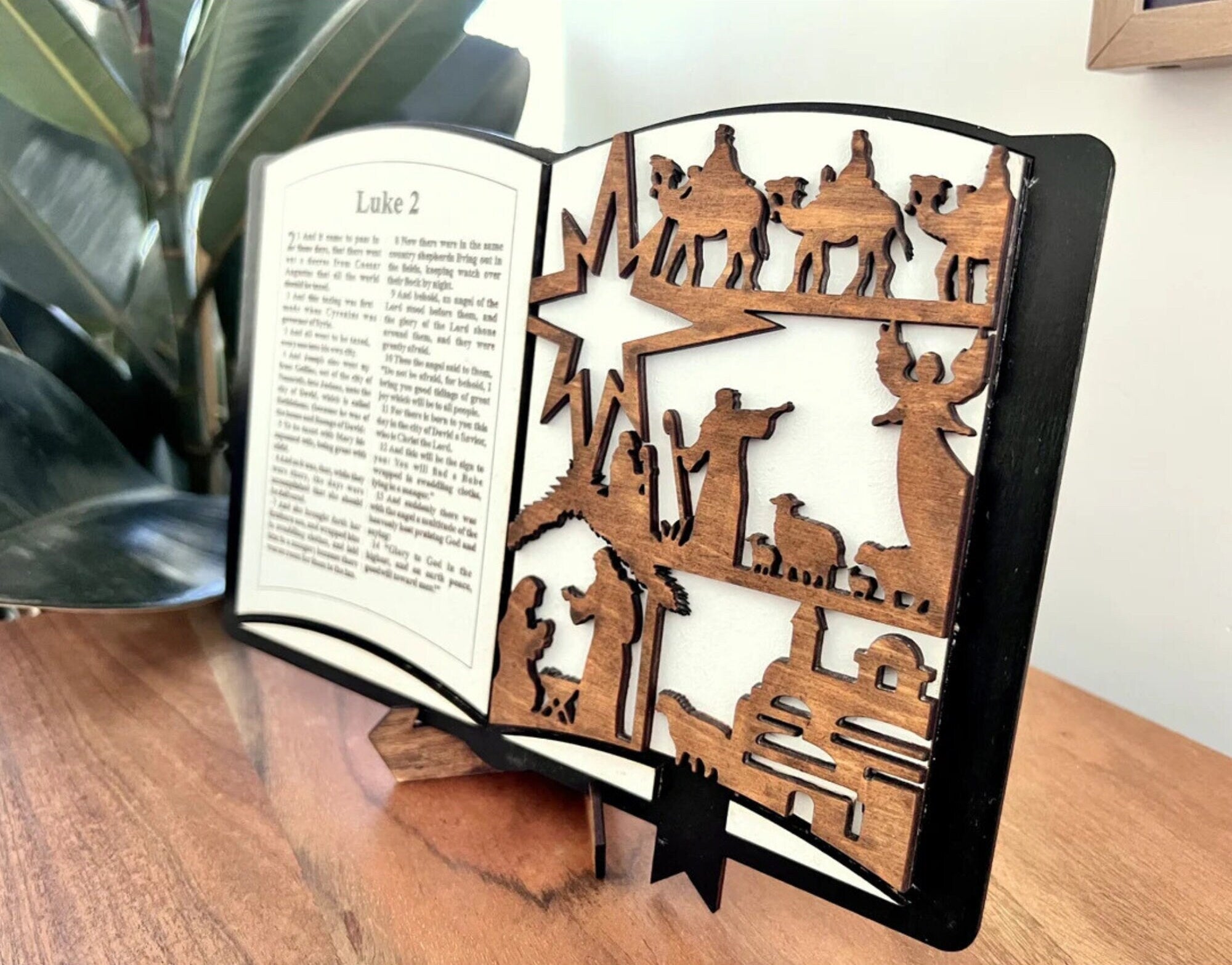 3D Wooden Handmade Nativity Scene Shelf Sitter Book Display, Decorative Christmas Book, Handmade Home Decor with Display Stand