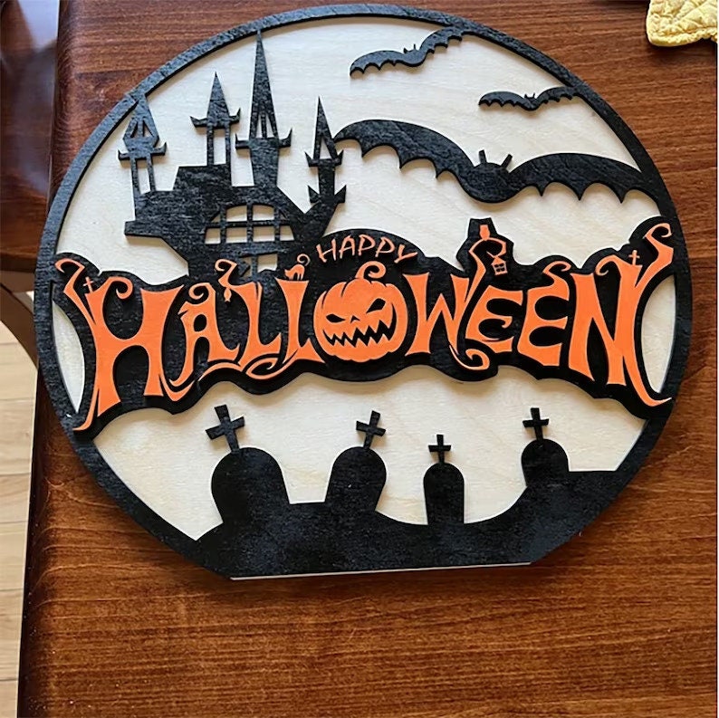 3D Laser Engraved Happy Halloween Front Door Decor, Fall Decor for Front Porch Sign, Patio Decor, Seasonal Holiday Decor