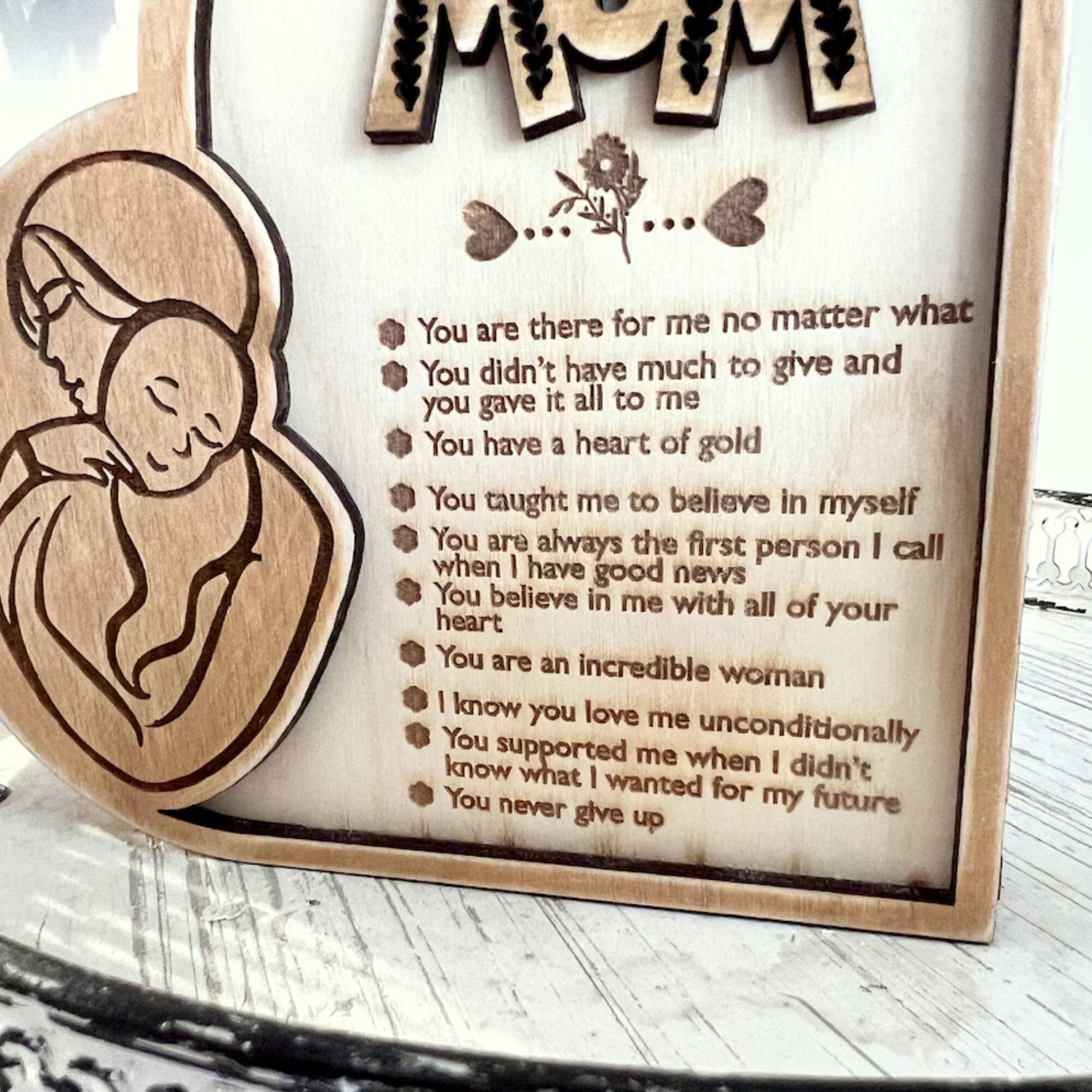 3D Laser Engraved Mothers Day Gifts For Mom Shelf Sitter, Grandma Gift From Daughter and Son, New Mom Birthday Gift, Mother In Law Gift