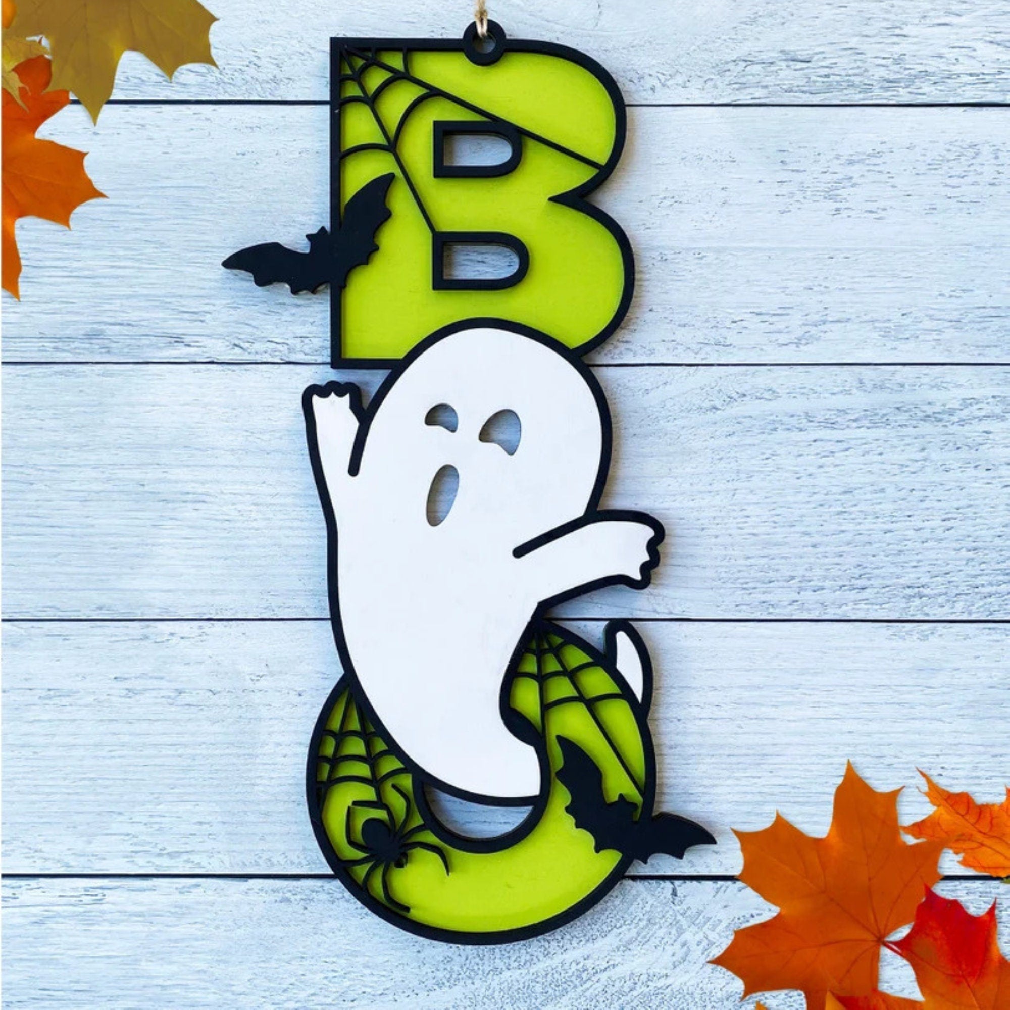 Boo 3D Laser Engraved Halloween Home Decor, Halloween Door Sign Fall Front Door Hanger, Porch Decor,