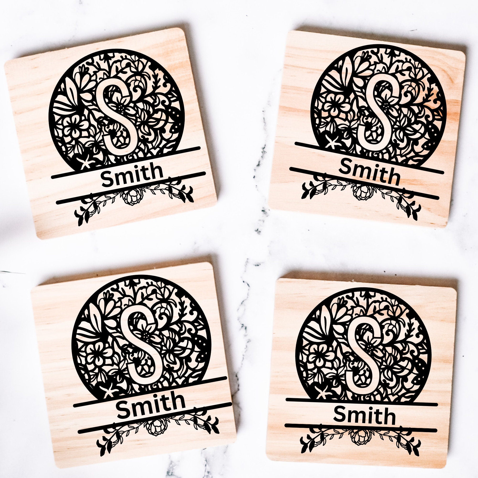 Laser Cut Mandala Custom Coasters Set Of 4 Wedding Coasters, Laser Engraved Coasters, Personalized Wood Coasters, Drink Coasters