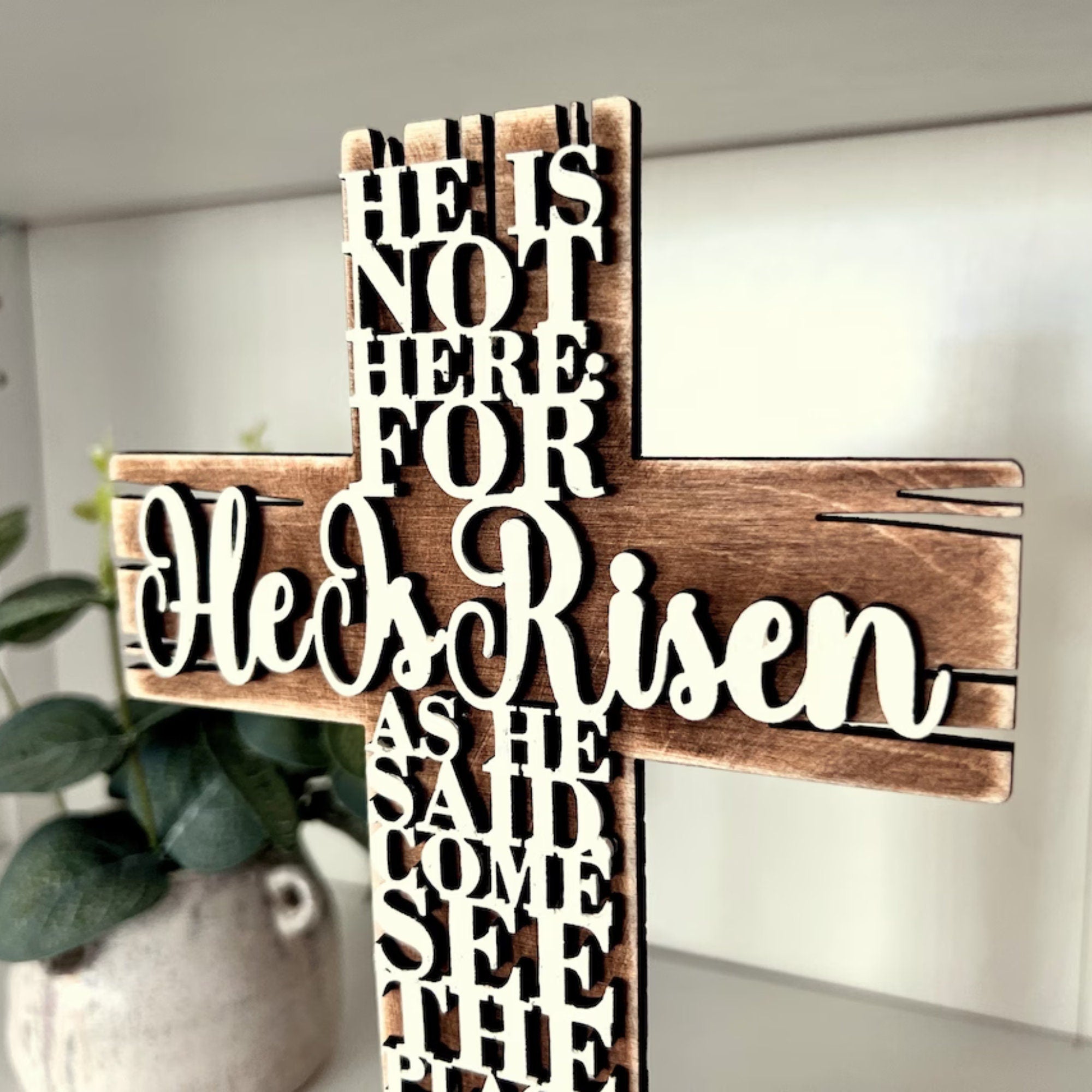He Is Risen 3D Shelf Sitter Handmade Easter Holiday Decor, Wooden Farmhouse Decor, Cross Christian Gifts, Matthew Bible Verse