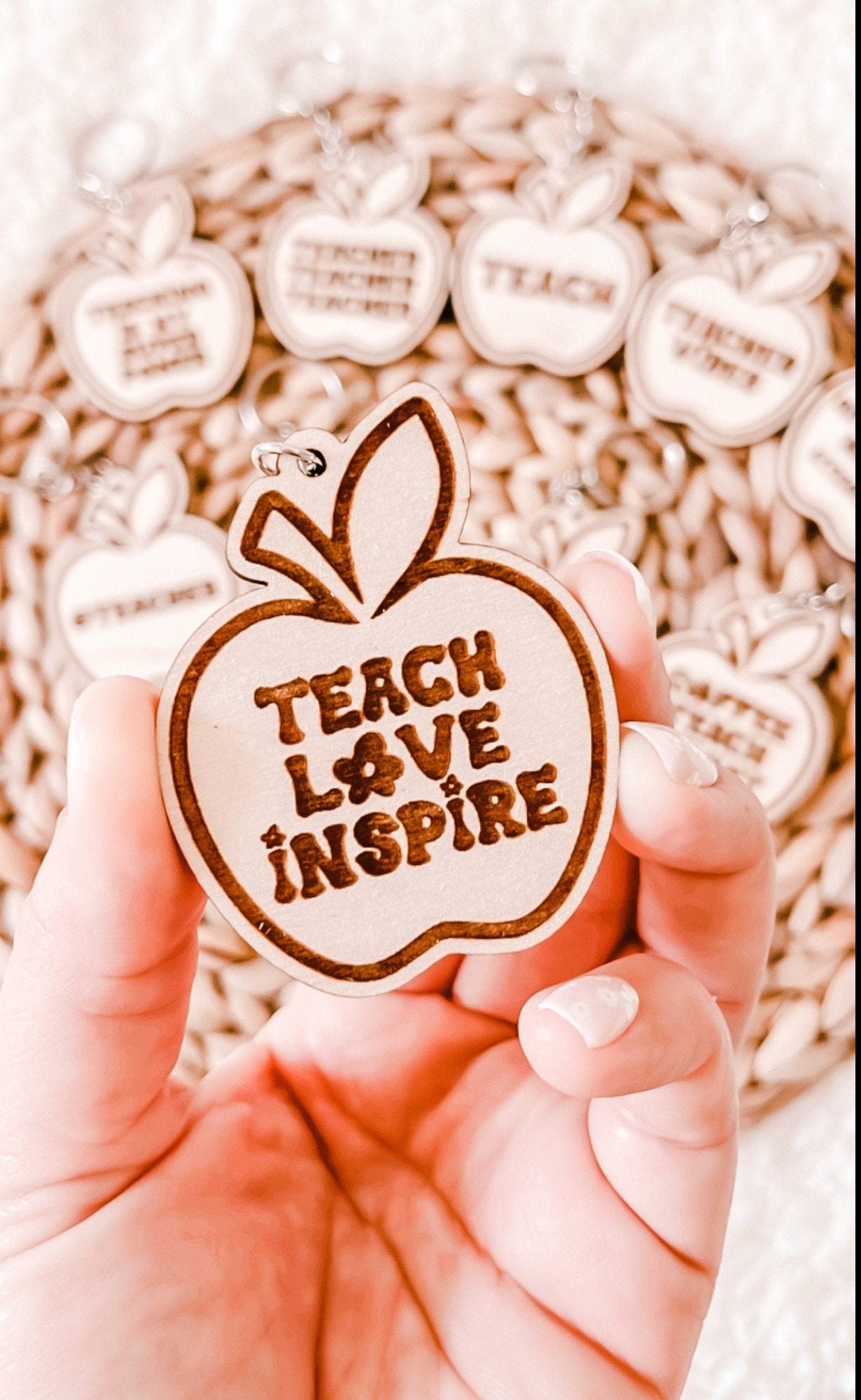11 Designs Of Apple Teacher Gift Keychains, Cute Gifts for Teacher Appreciation Days, Wooden Engraved Keychains