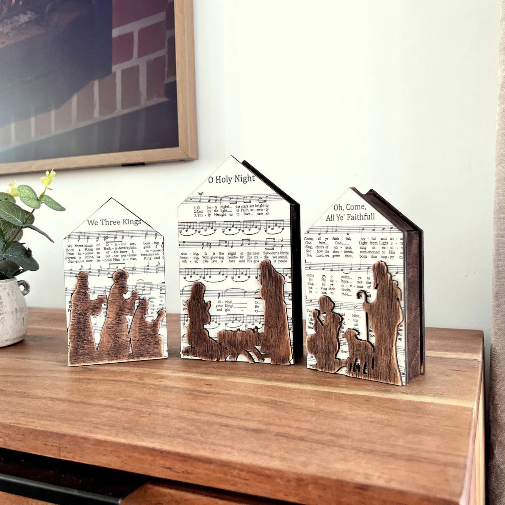 3D Handmade Wooden Nativity Scene Shelf Sitter, Indoor Handmade Farmouse Christmas Decor, Christmas Table Decor