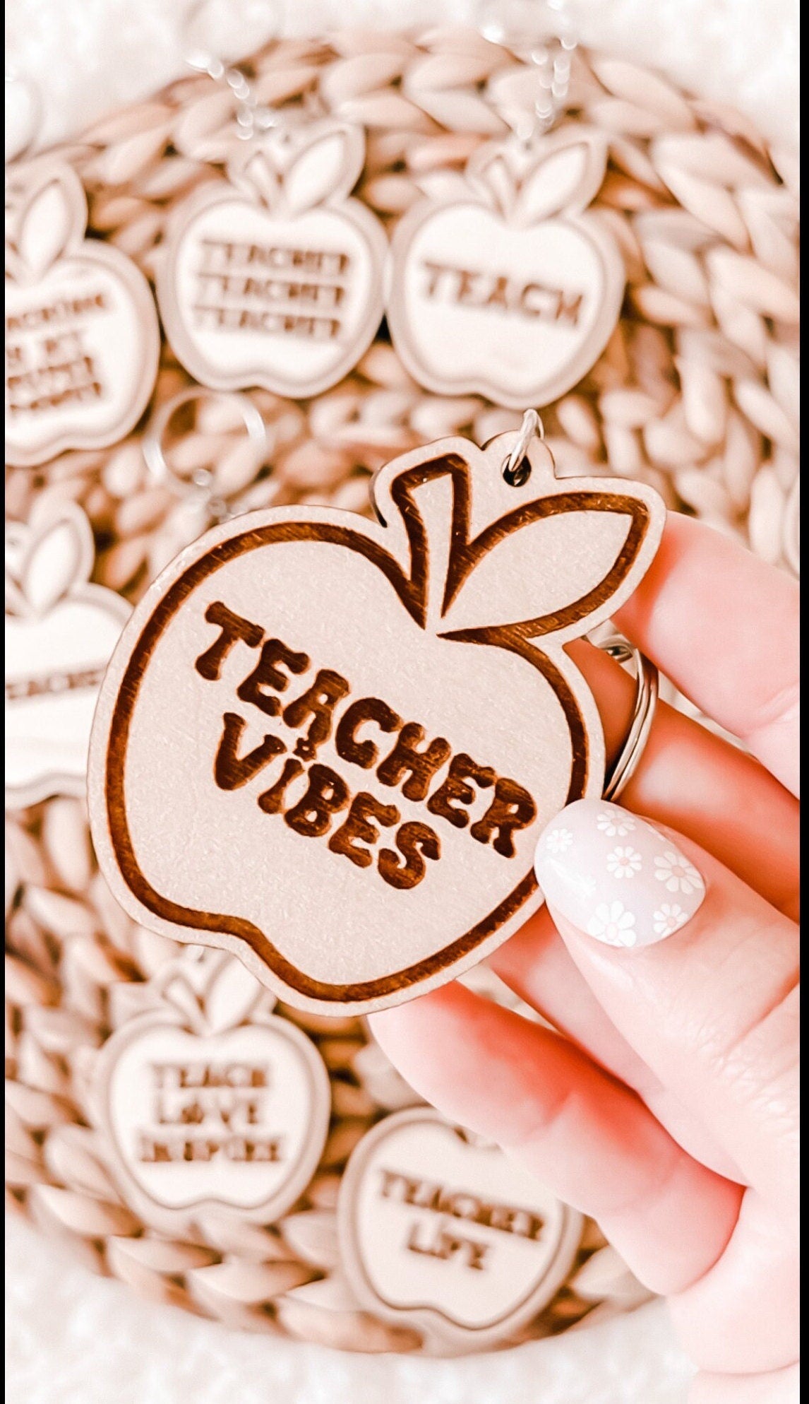 11 Designs Of Apple Teacher Gift Keychains, Cute Gifts for Teacher Appreciation Days, Wooden Engraved Keychains