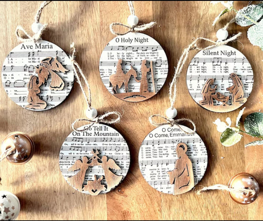 3D Engraved Handmade Music Sheet Nativity Christmas Ornaments, Wooden Christmas Ornaments, Nativity Set, Nativity Scene