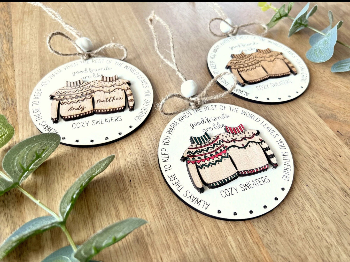 Personalized Ugly Sweater Friendship Christmas Ornament, Custom Wooden Christmas Ornament for Best Friend Sister or Brother