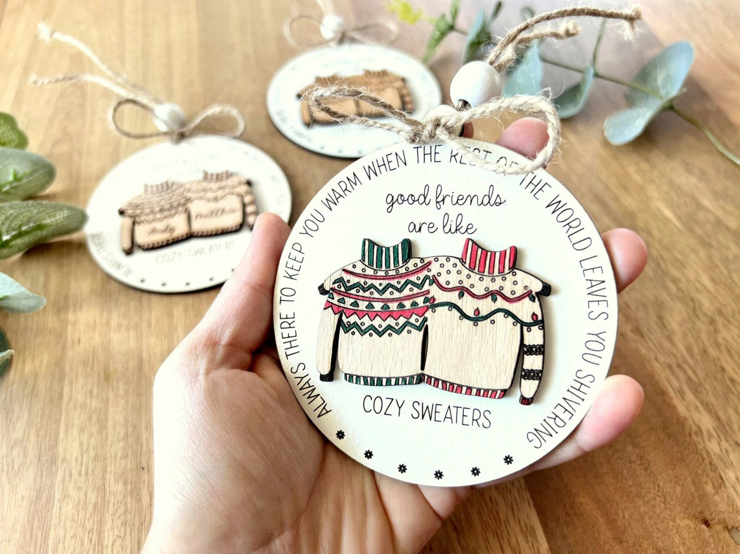Personalized Ugly Sweater Friendship Christmas Ornament, Custom Wooden Christmas Ornament for Best Friend Sister or Brother