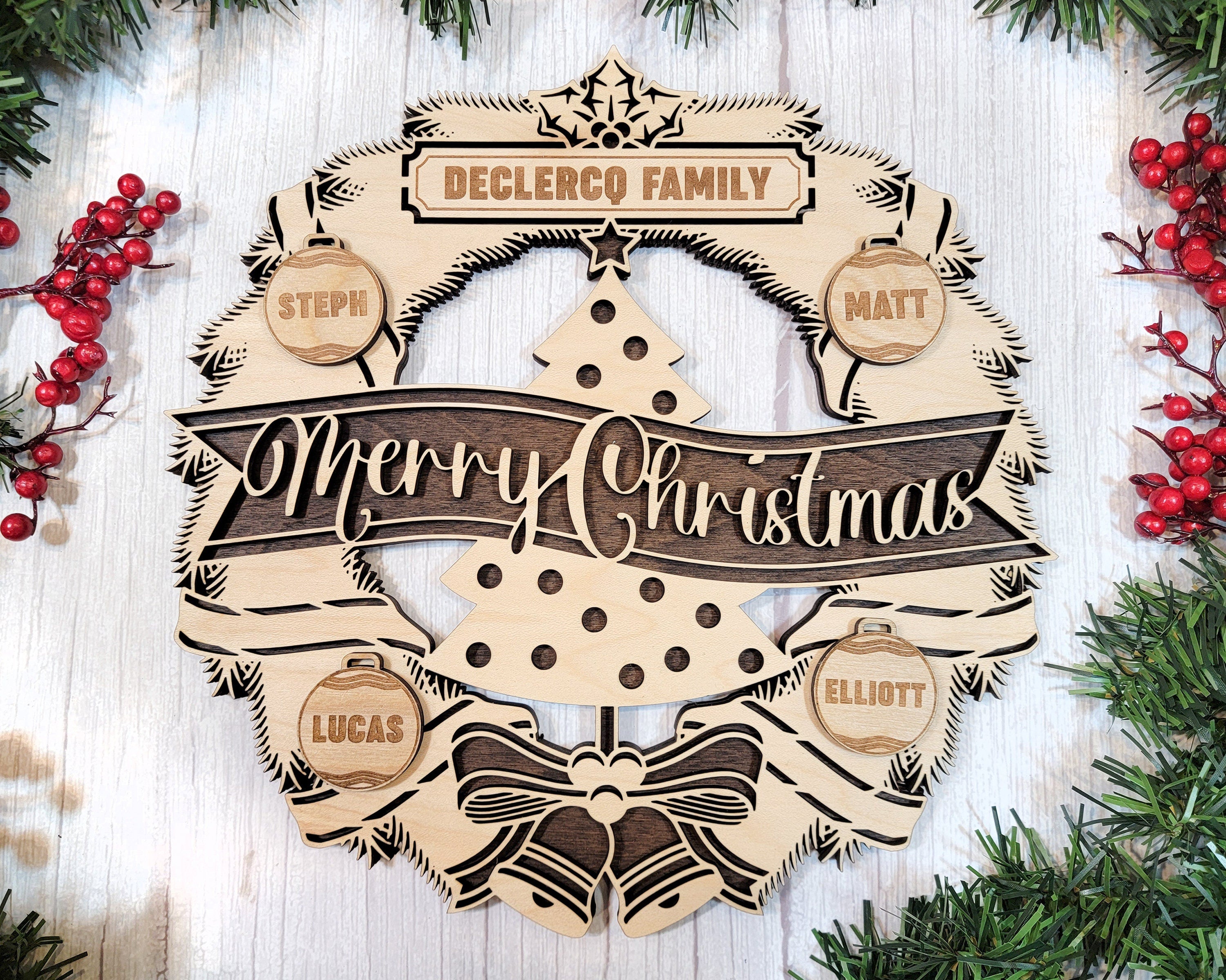 Personalized Farmhouse Outdoor Christmas Wreath for Front Door, Christmas Decoration Wall Decor, Winter Wooden Front Door Wreath