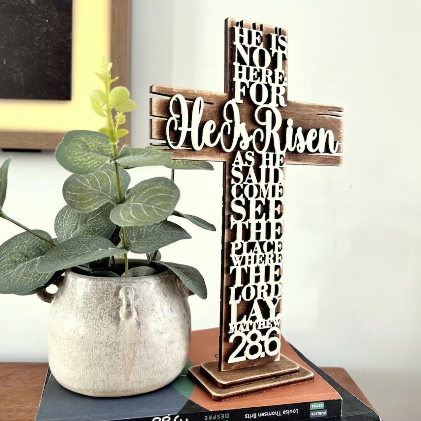 He Is Risen 3D Shelf Sitter Handmade Easter Holiday Decor, Wooden Farmhouse Decor, Cross Christian Gifts, Matthew Bible Verse
