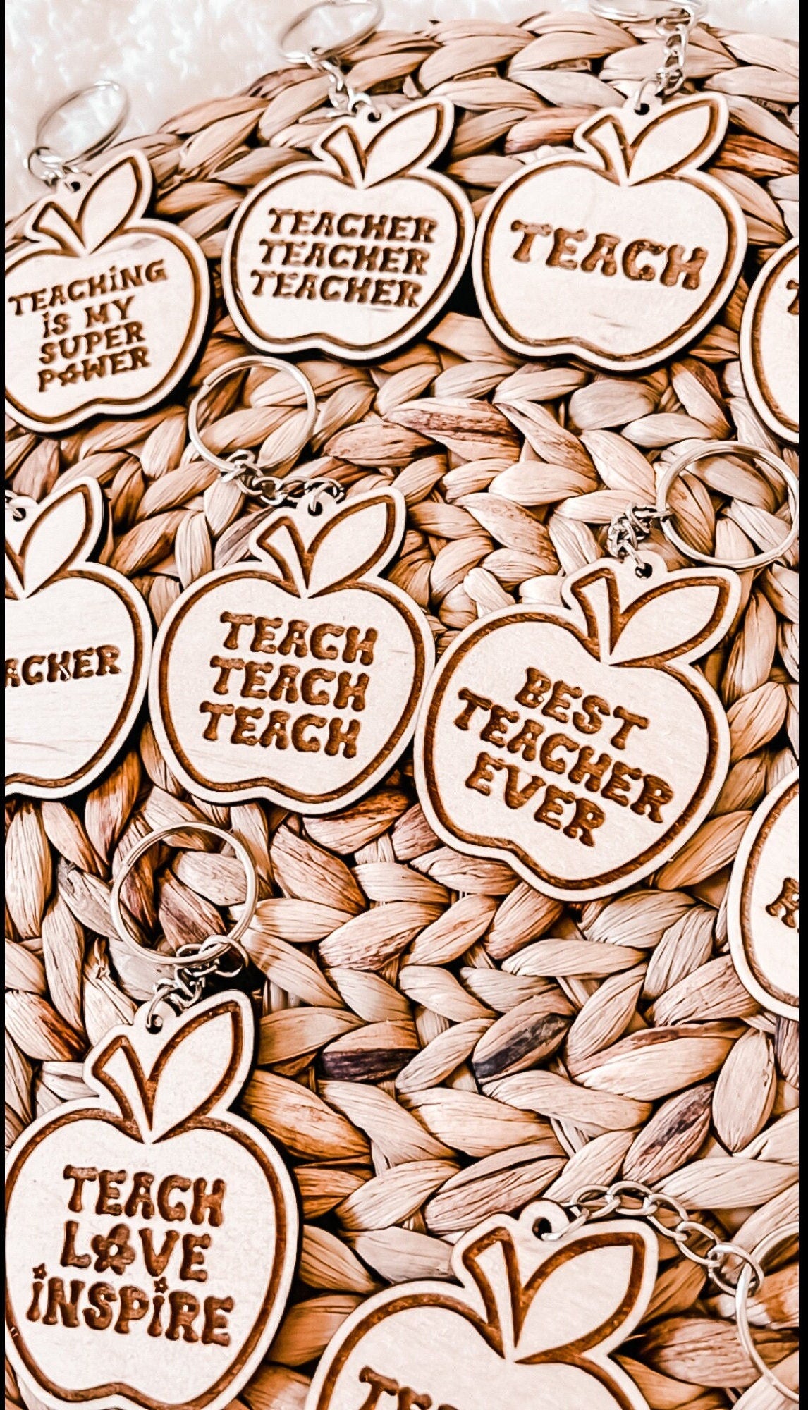 11 Designs Of Apple Teacher Gift Keychains, Cute Gifts for Teacher Appreciation Days, Wooden Engraved Keychains