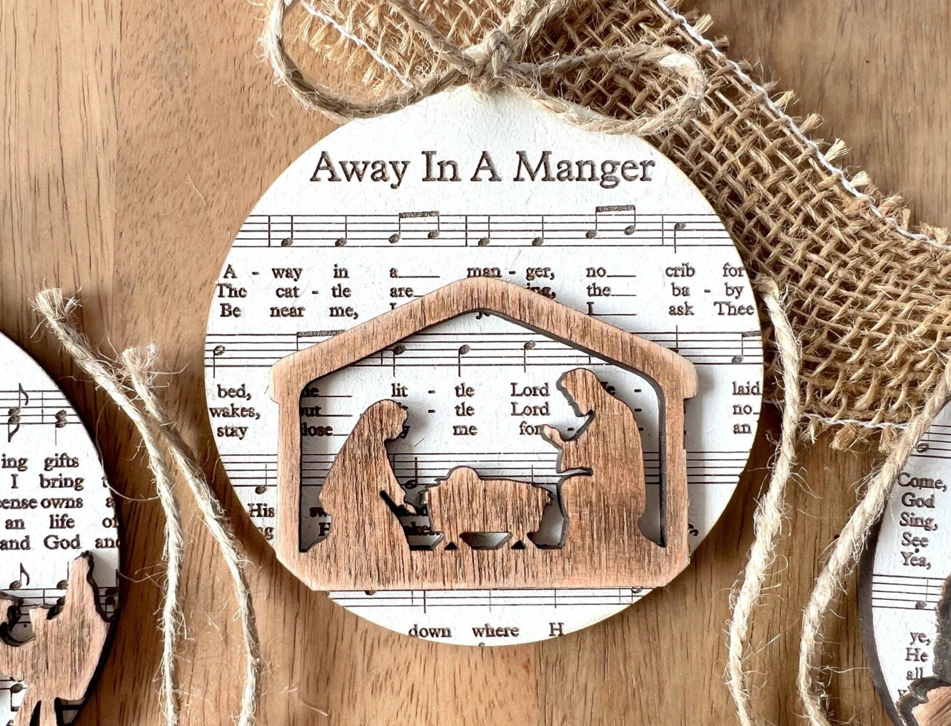 3D Engraved Handmade Music Sheet Nativity Christmas Ornaments Wooden Christmas Ornaments Nativity Set Nativity Scene