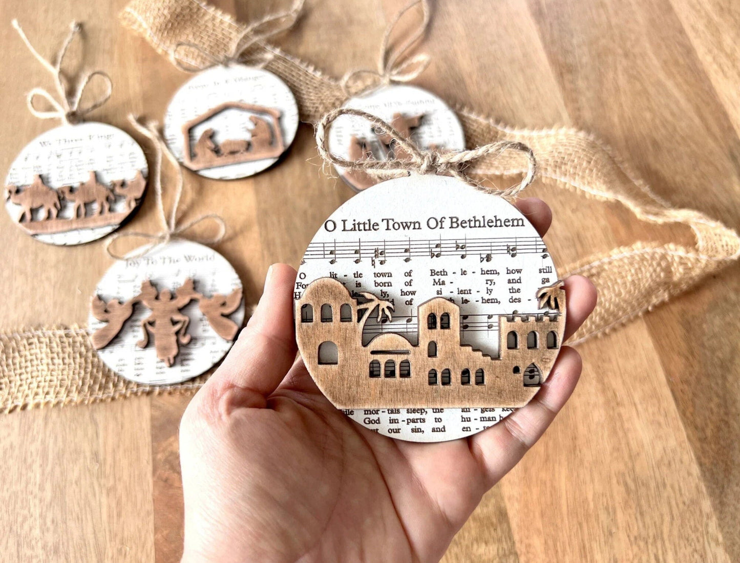 3D Engraved Handmade Music Sheet Nativity Christmas Ornaments Wooden Christmas Ornaments Nativity Set Nativity Scene