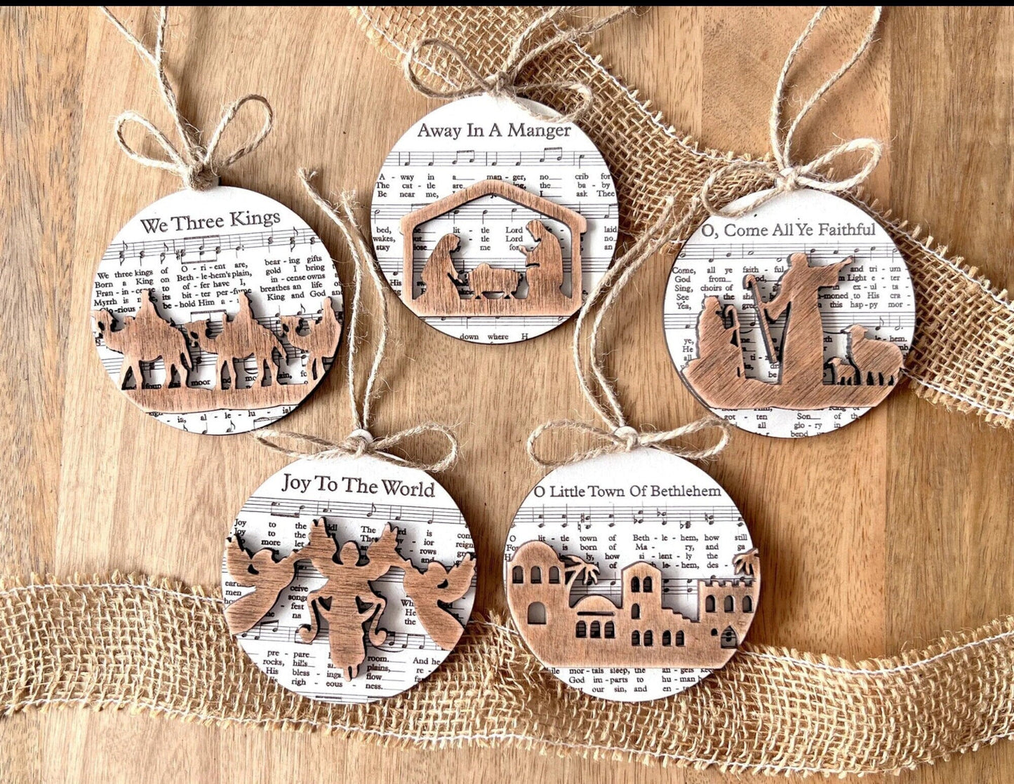 3D Engraved Handmade Music Sheet Nativity Christmas Ornaments Wooden Christmas Ornaments Nativity Set Nativity Scene