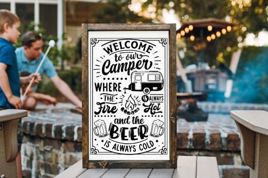 Engraved Welcome to our Camper Sign, Outdoor Decor, Campsite Sign, Name Sign, Last Name Sign, RV Decor, Funny Camping Sign, Campsite Flag