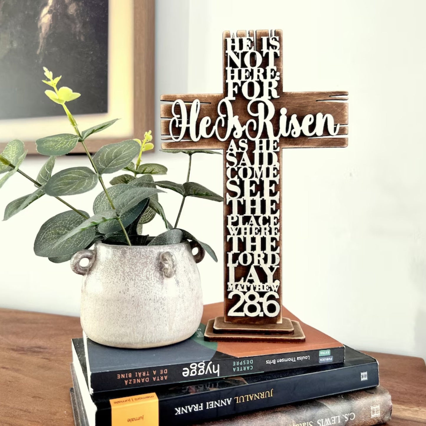 He Is Risen 3D Shelf Sitter Handmade Easter Holiday Decor, Wooden Farmhouse Decor, Cross Christian Gifts, Matthew Bible Verse