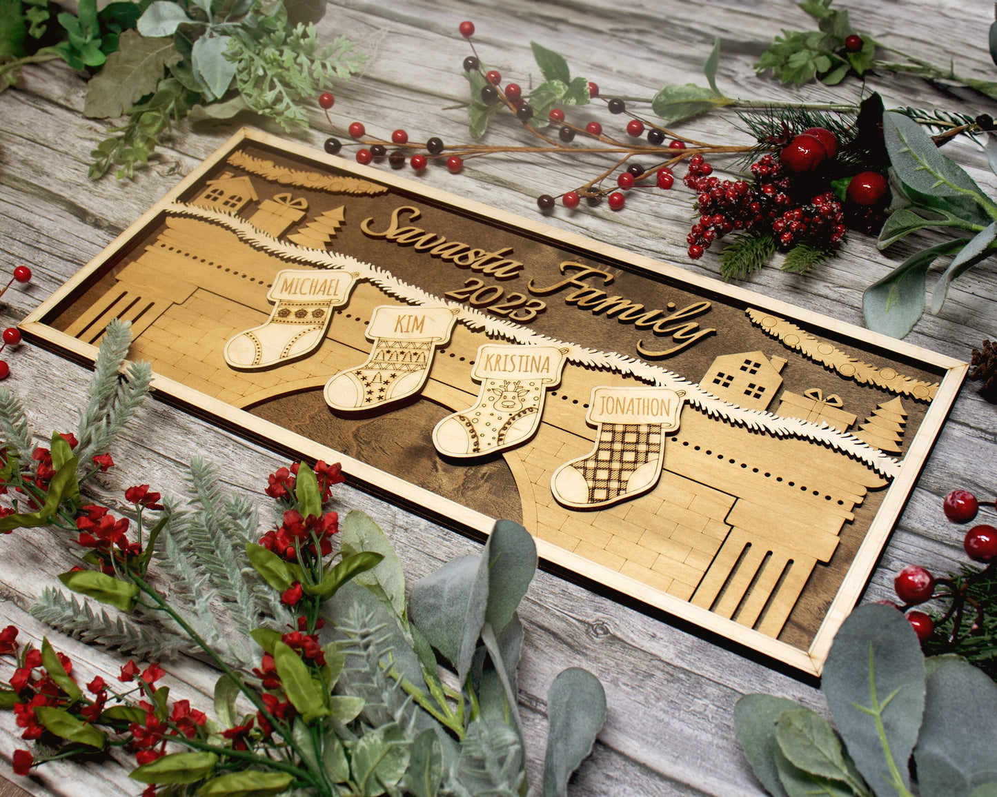 3D Wooden Personalized Family Christmas Stockings Handmade Wall Decor, Custom Christmas Stockings,  Unique Christmas Stockings,2 - 8 Options