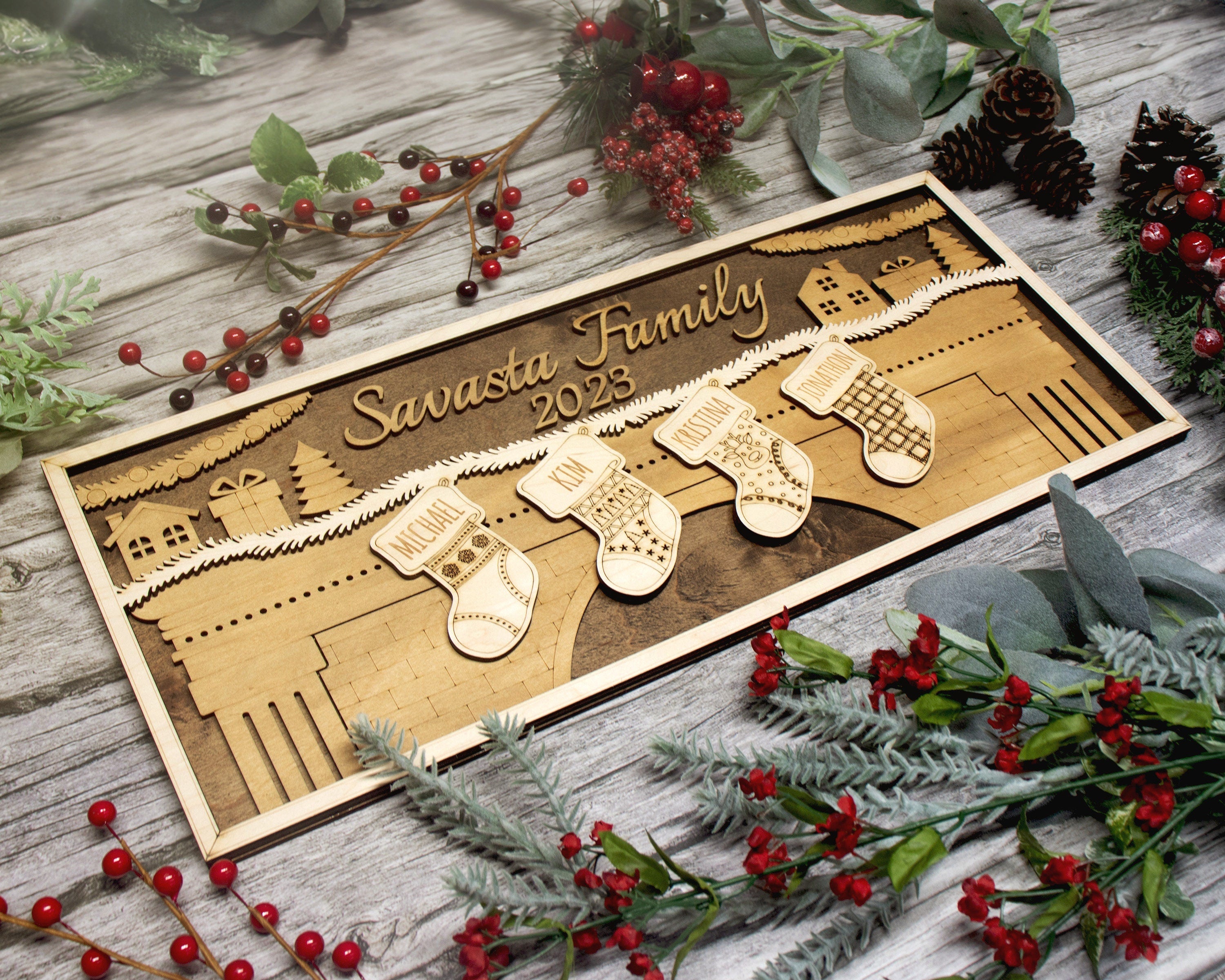 3D Wooden Personalized Family Christmas Stockings Handmade Wall Decor, Custom Christmas Stockings,  Unique Christmas Stockings,2 - 8 Options