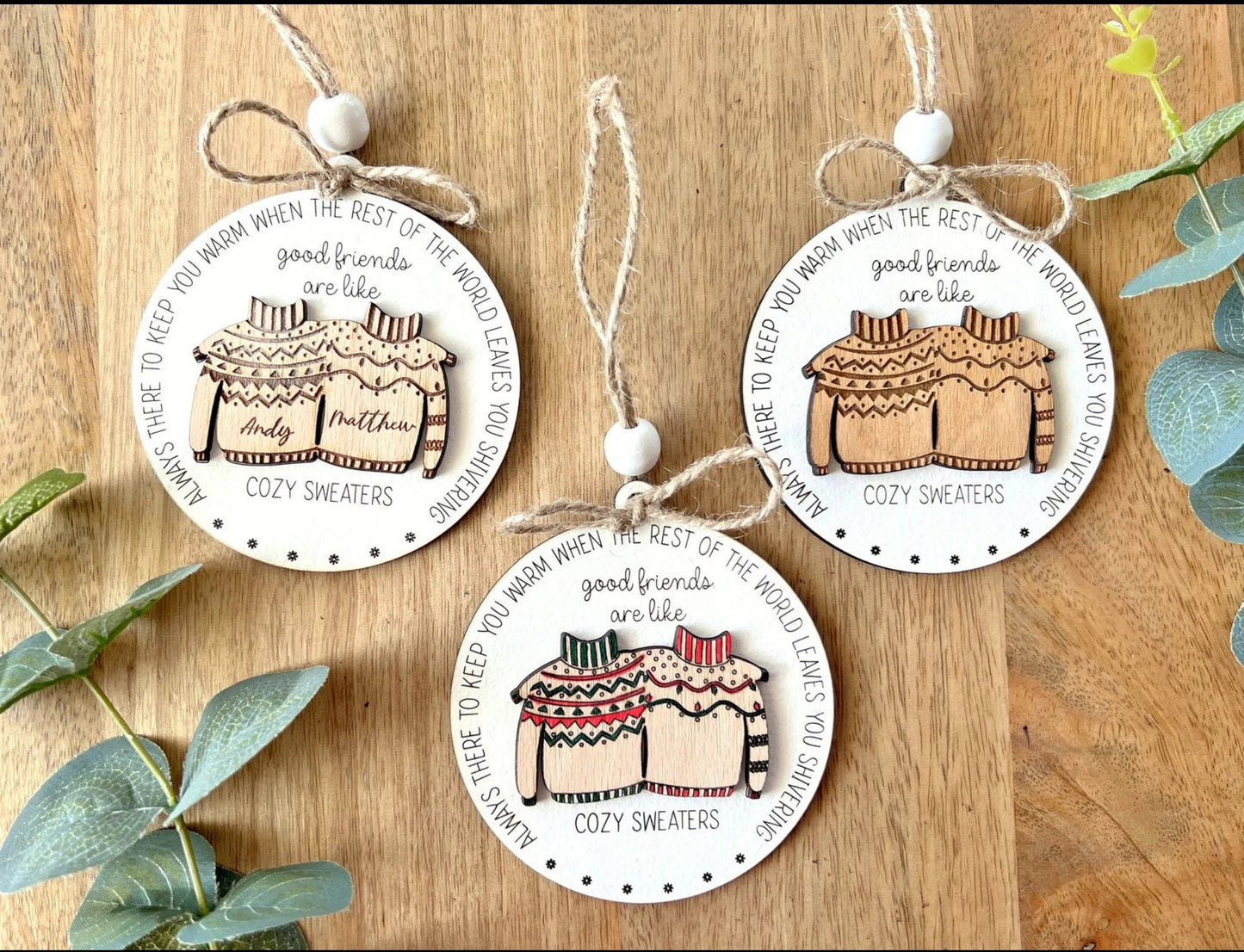 Personalized Ugly Sweater Friendship Christmas Ornament, Custom Wooden Christmas Ornament for Best Friend Sister or Brother