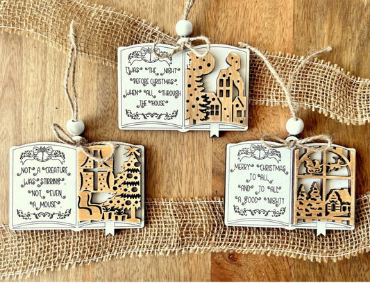 Set of 3 Twas The Night Before Christmas Wooden Handmade Christmas Ornaments, Custom Christmas Tree Ornament, Vintage Family Christmas