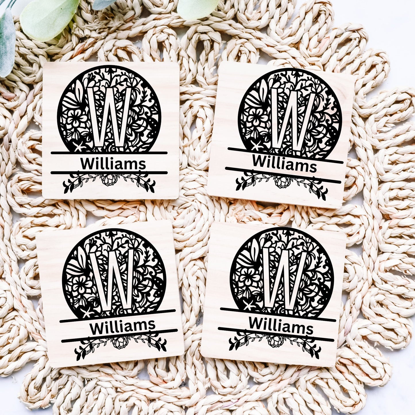 Laser Cut Mandala Custom Coasters Set Of 4 Wedding Coasters, Laser Engraved Coasters, Personalized Wood Coasters, Drink Coasters