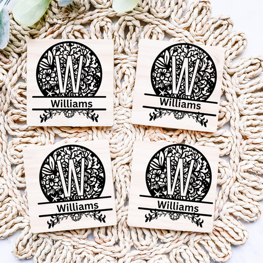 Laser Cut Mandala Custom Coasters Set Of 4 Wedding Coasters, Laser Engraved Coasters, Personalized Wood Coasters, Drink Coasters