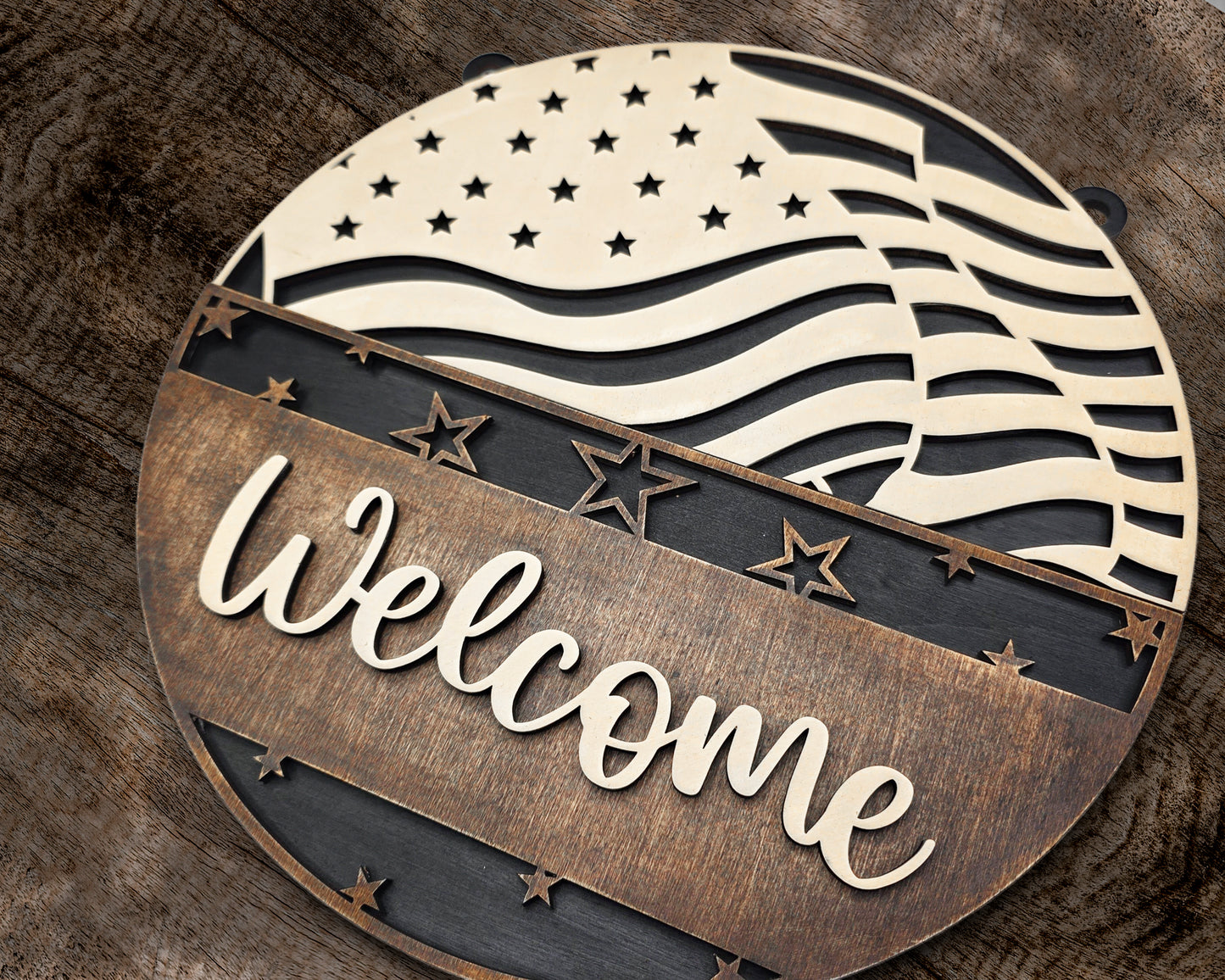 Patriotic Welcome Door Sign – 17" Handcrafted Layered Wood | American Eagle & Flag
