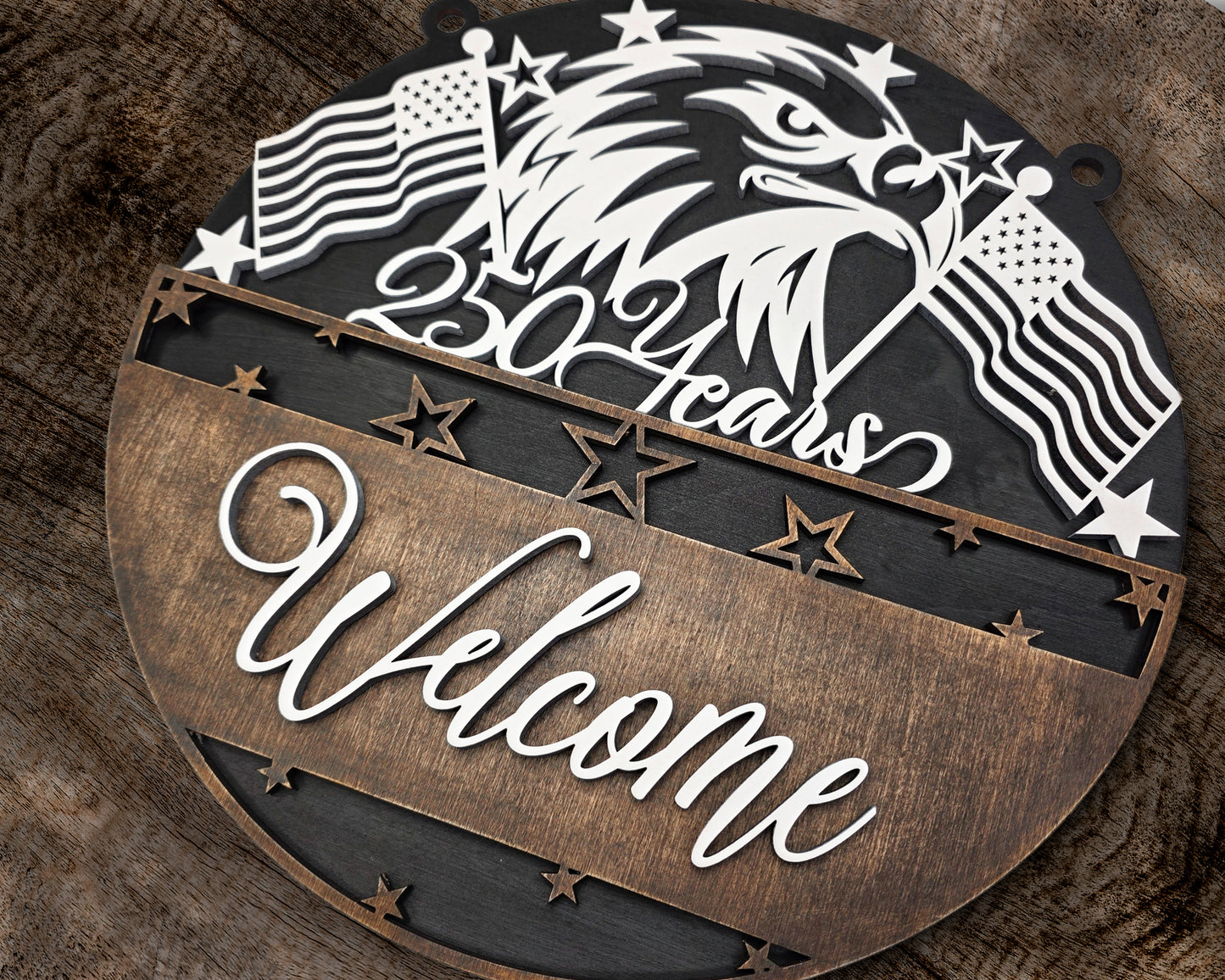 Patriotic Welcome Door Sign – 17" Handcrafted Layered Wood | American Eagle & Flag