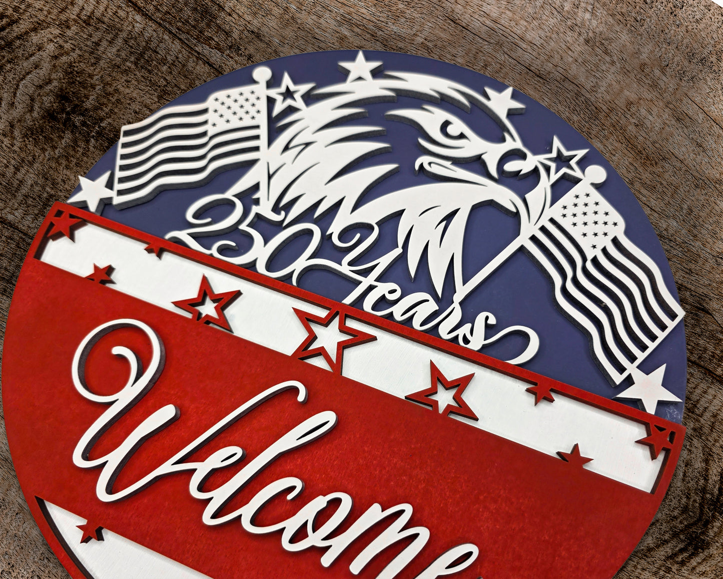 Patriotic Welcome Door Sign – 17" Handcrafted Layered Wood | American Eagle & Flag