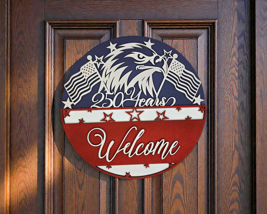 Patriotic Welcome Door Sign – 17" Handcrafted Layered Wood | American Eagle & Flag