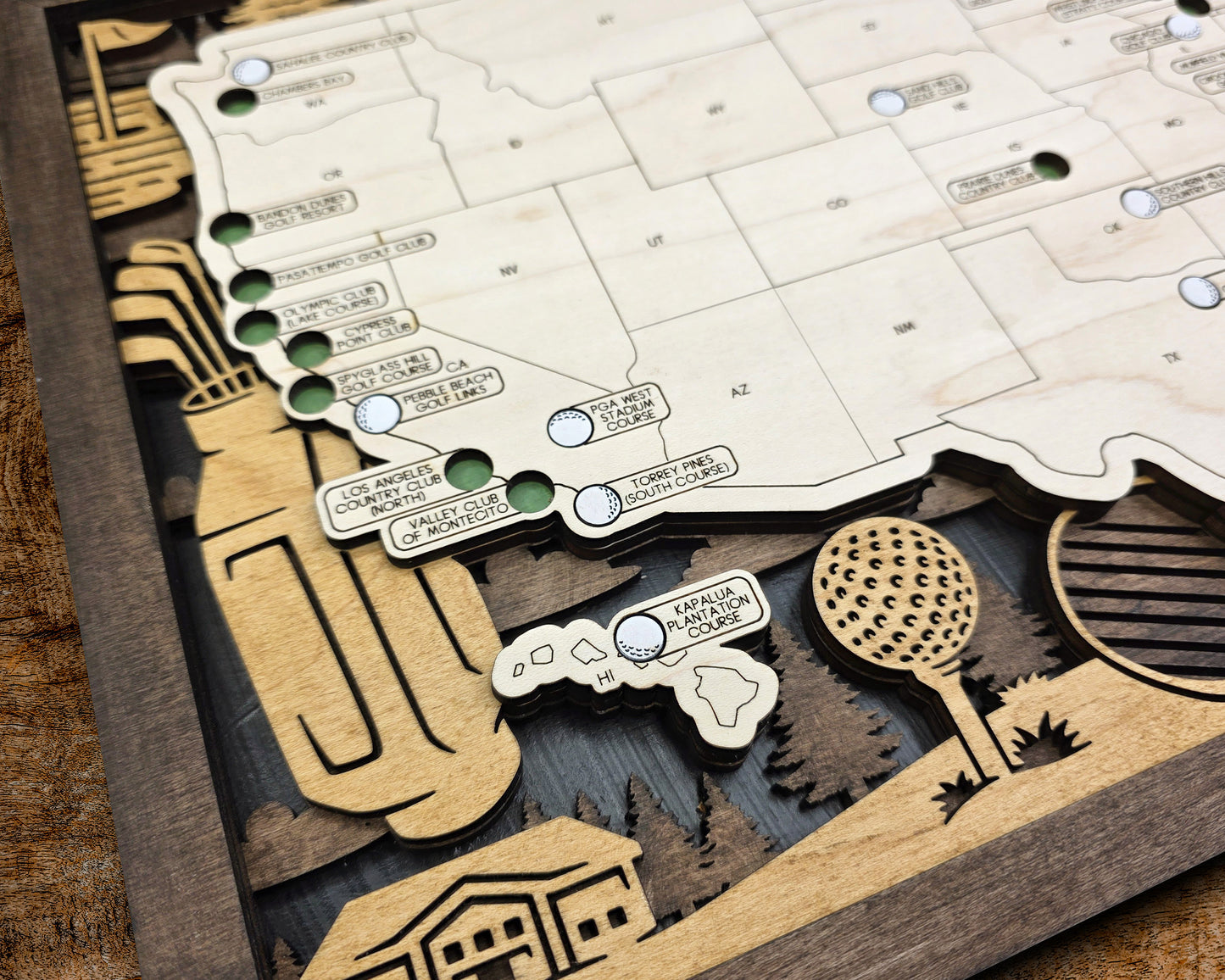 Personalized Wooden Golf Course Tracker Map – USA Top Courses