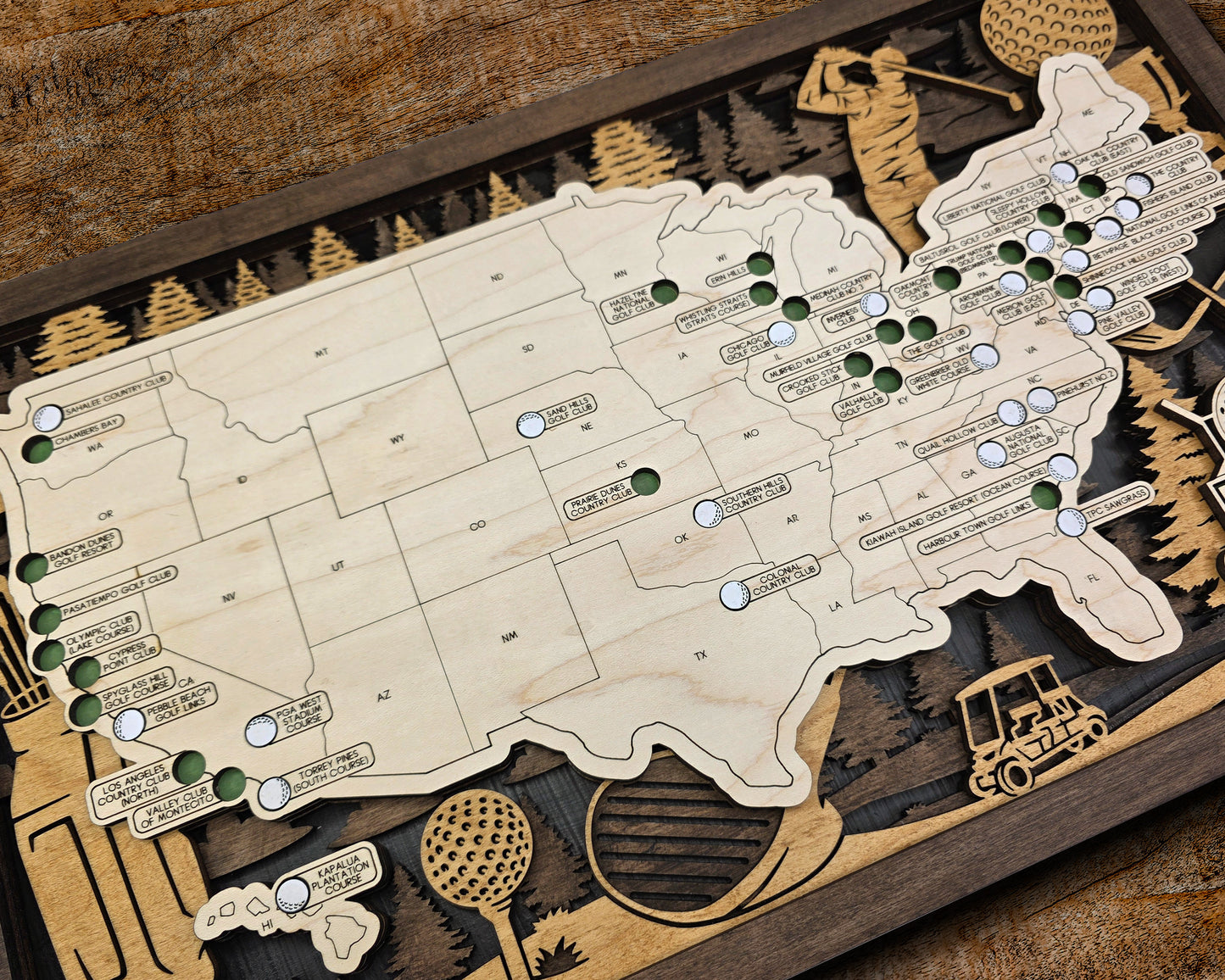 Personalized Wooden Golf Course Tracker Map – USA Top Courses