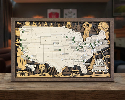 Personalized Wooden Golf Course Tracker Map – USA Top Courses