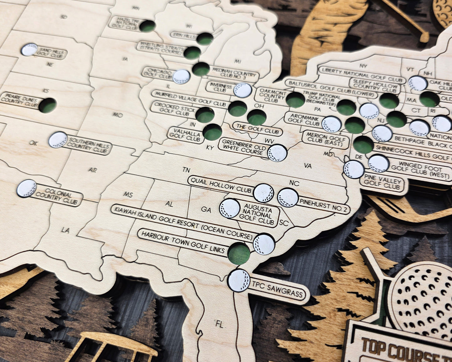 Personalized Wooden Golf Course Tracker Map – USA Top Courses
