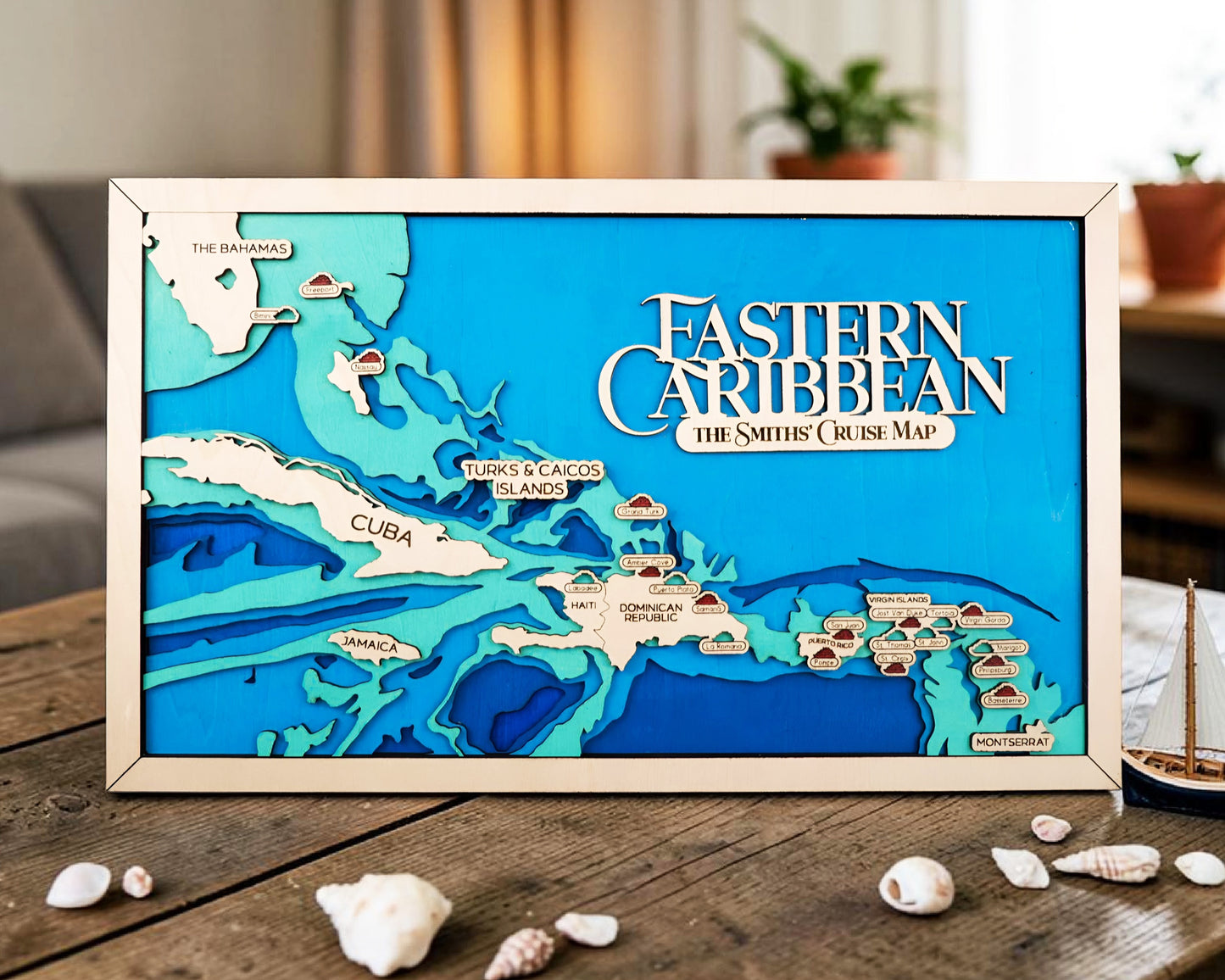 Personalized Eastern Caribbean Cruise Map – Layered Wood Wall Art