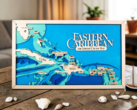 Personalized Eastern Caribbean Cruise Map – Layered Wood Wall Art