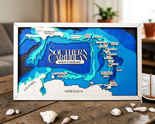 Personalized Southern Caribbean Cruise Map – Layered Wood Wall Art